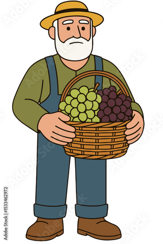 Grape Harvest Day – Cartoon Farmer with Basket of Grapes Illustration