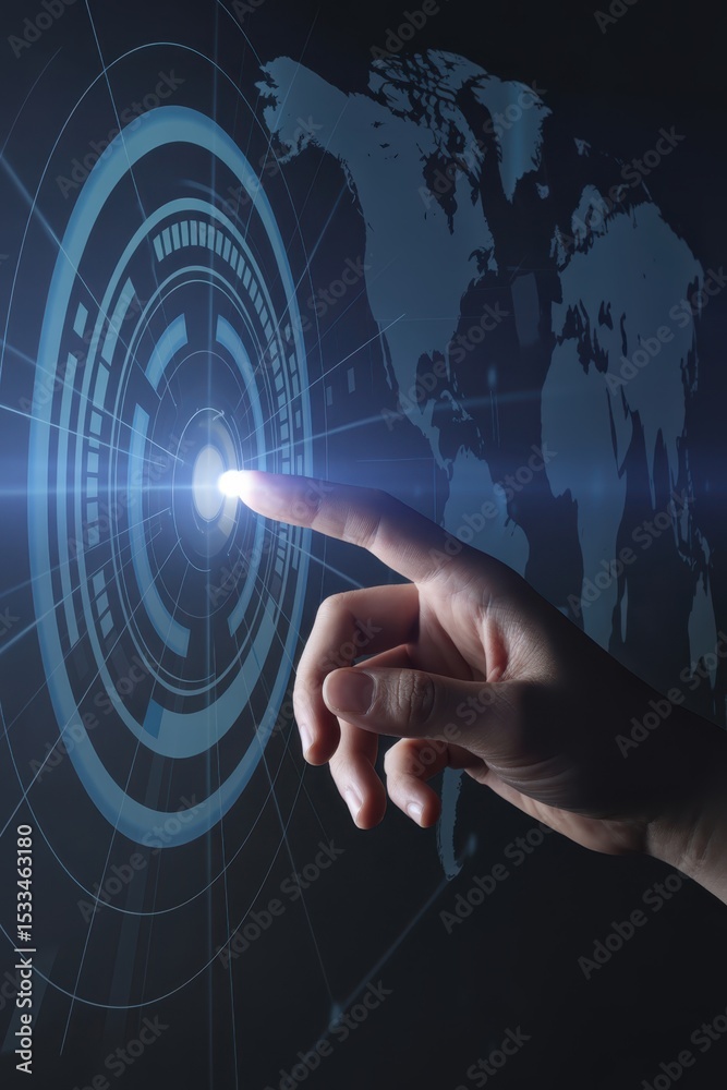 Fototapeta premium Hand touching a digital interface with a world map background.
