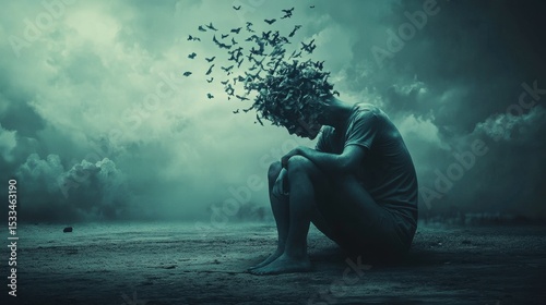 A surreal depiction of a human figure in contemplation, with birds emerging from the head, symbolizing imagination and freedom amidst isolation and despair.