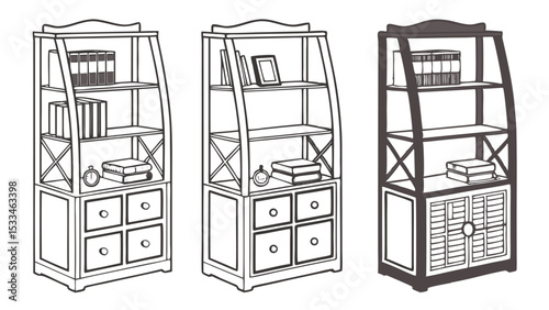 Silhouette Pictograms of Three Bookshelf Designs with Varied Book Arrangements and Storage Styles

