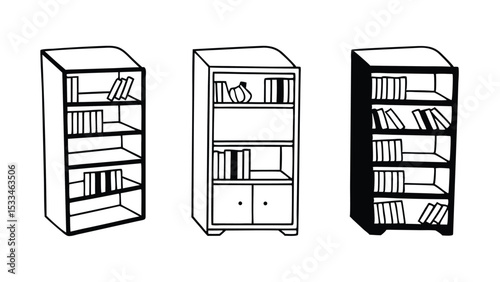 Silhouette Pictograms of Three Bookshelf Designs with Varied Book Arrangements and Storage Styles

