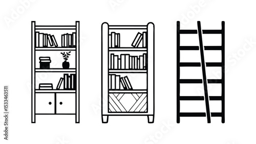 Silhouette Pictograms of Three Bookshelf Designs with Varied Book Arrangements and Storage Styles

