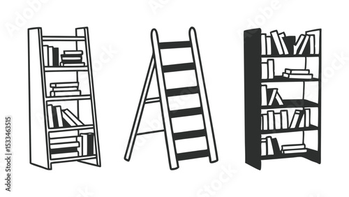 Silhouette Pictograms of Three Bookshelf Designs with Varied Book Arrangements and Storage Styles

