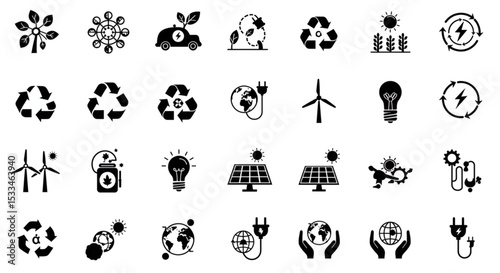 Collection of black and white icons representing environmental and sustainable practices visua