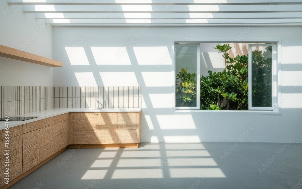 Fototapeta premium Bright Modern Kitchen Interior with Garden View and Geometric Shadow Patterns