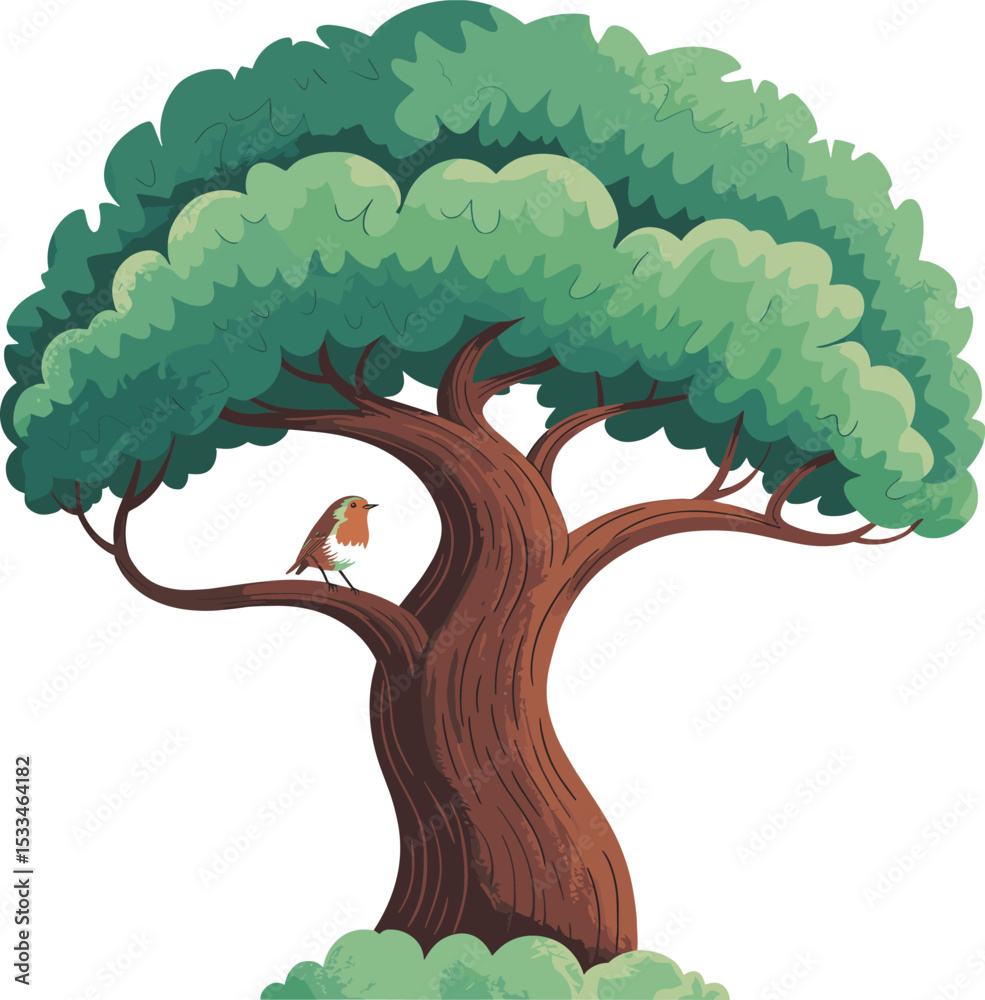 Curved tree with thick foliage and perched bird, stylized nature illustration, isolated vector design for forest theme, natural tree art with songbird sitting branch