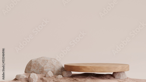 Natural wooden podium elevated on desert rocks and sand with minimal beige background, ideal for organic product display or eco-friendly branding. photo