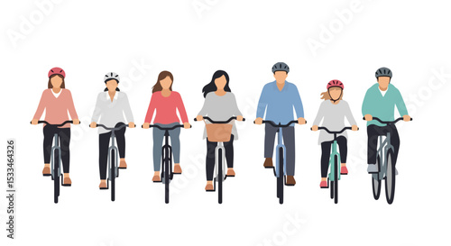 Group Cycling: Diverse People Riding Bikes Together