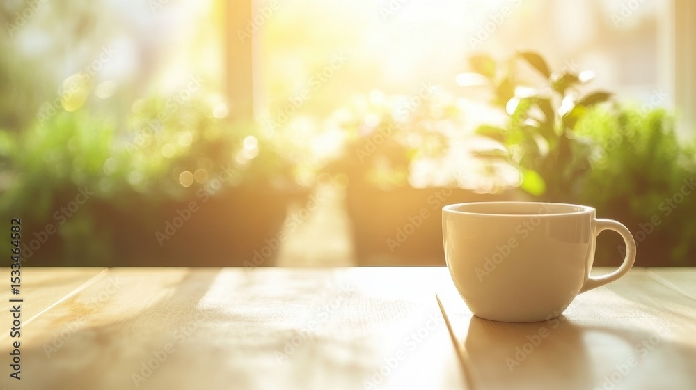 Fototapeta premium A serene scene featuring a coffee cup on a wooden table, bathed in warm sunlight. Lush green plants in the background create a cozy, inviting atmosphere.