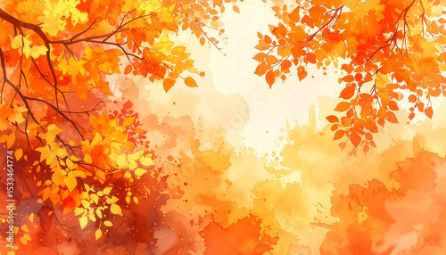 秋の空と紅葉の水彩風背景素材