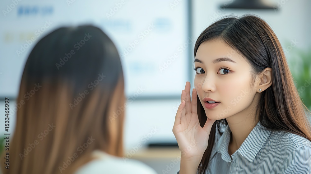 Obraz premium Woman whispering in conversation with friend.