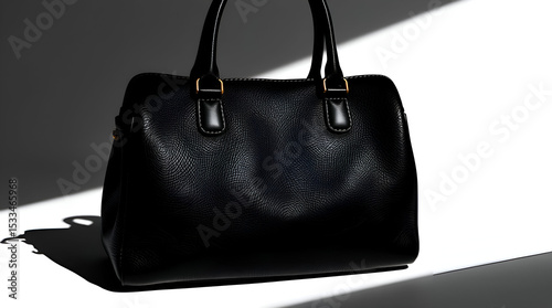 black leather handbag featuring and stylish shoulder strap Isolated on transparent background,
