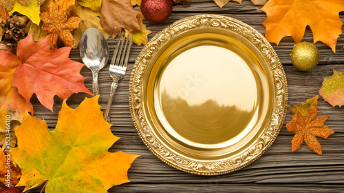 Art thanksgiving dinner background with holidays plate and flatware on table