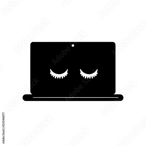 Minimalist sleepy laptop icon on white background, Simple black silhouette of a laptop with closed eyes, symbolizing sleep mode, digital rest, or computer inactivity.

