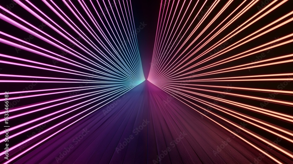 Fototapeta premium The image contains a digital rendering of a dark, abstract tunnel or corridor. Bright neon lines in shades of pink, teal, and orange radiate outwards from a central vanishing point, creating a sense