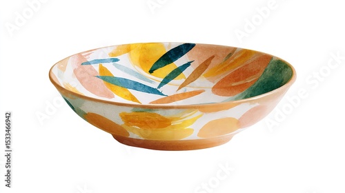 A whimsical hand painted ceramic serving bowl adorned with vibrant abstract watercolor style florals against a clean