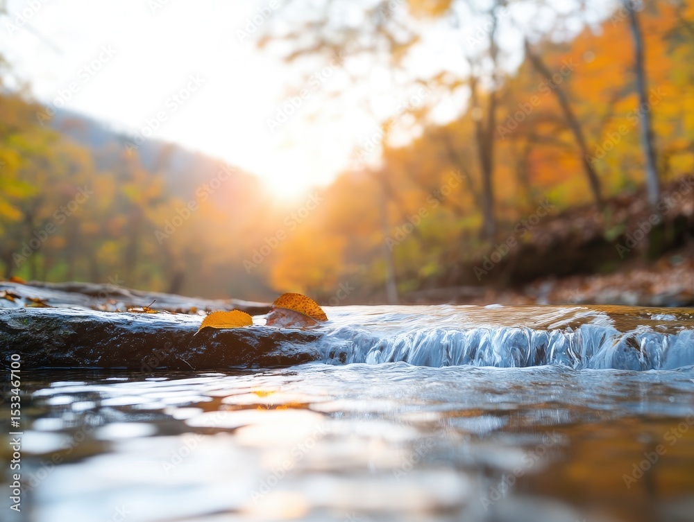 Fototapeta premium Autumn stream sunlight forest scenery