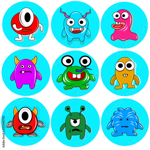 A set of cute and goofy cartoon monsters with unique shapes, bright colors, and funny expressions. Perfect for kids' games, stickers, avatars, and educational illustrations.