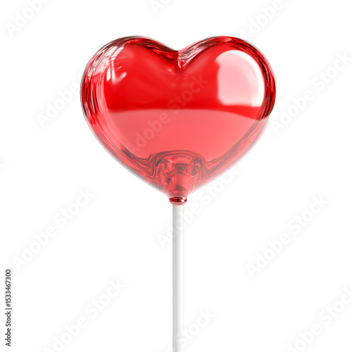 Red heart-shaped lollipop candy on stick, transparent background, studio shot