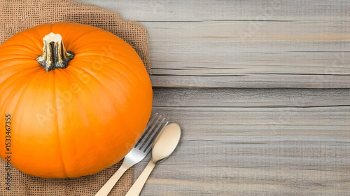 An orange pumpkin on a wooden table embodies the autumn harvest and Halloween spirit