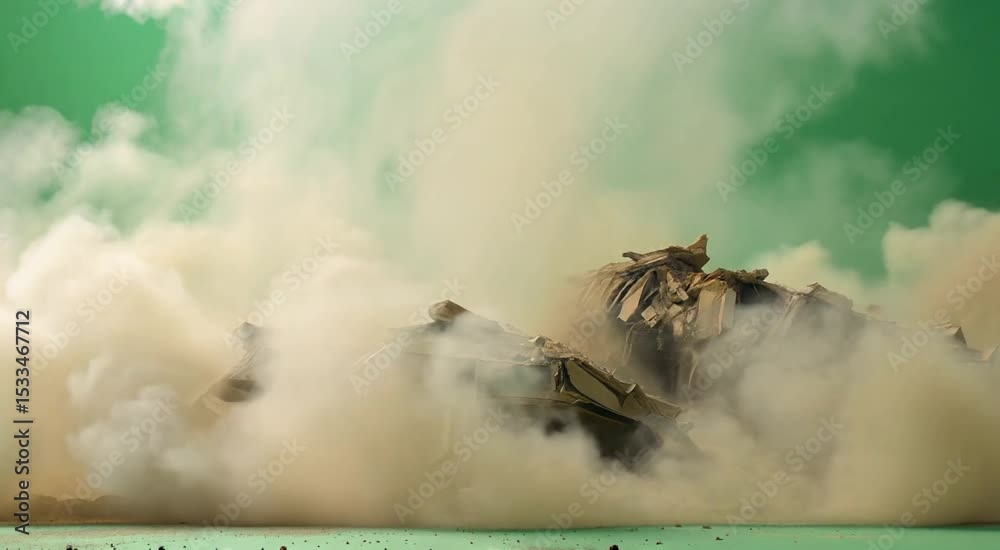Dramatic building explosion with dust and debris against a green screen for visual effects compositing and post production