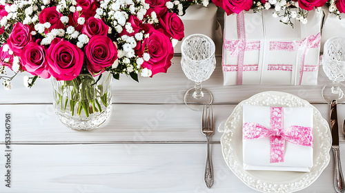 Beautiful pink rose bouquets in vases elegantly decorate the wedding reception tables