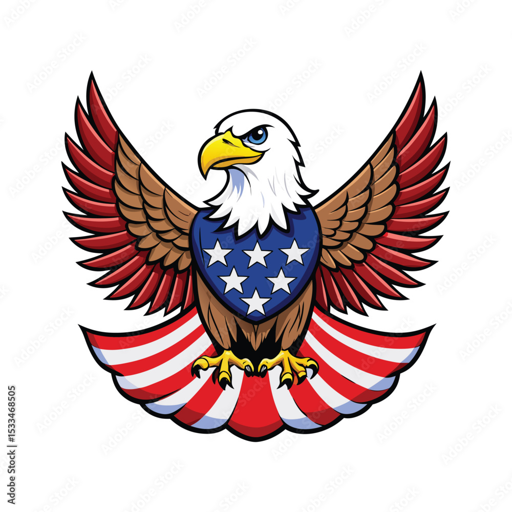 Obraz premium Flying American bald eagle vector illustration with a patriotic flag design