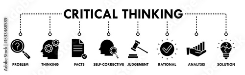 Critical thinking banner web icon vector illustration concept for analysis of facts with an icon of problem, thinking, facts, self corrective, judgement, rational, analysis, and solution