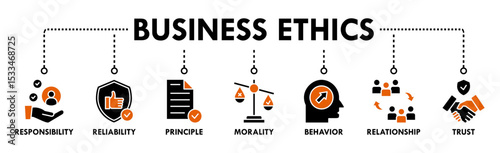 Business ethics banner web icon vector illustration concept for web and print with an icon of responsibility, reliability, principle, morality, behavior, relationship, and trust