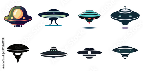 Multiple vector illustrations retro black UFO

