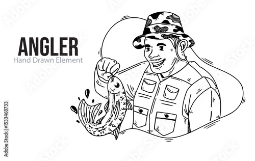 Vector hand drawn illustration of angler catching fish. Black ink, line art, simple.