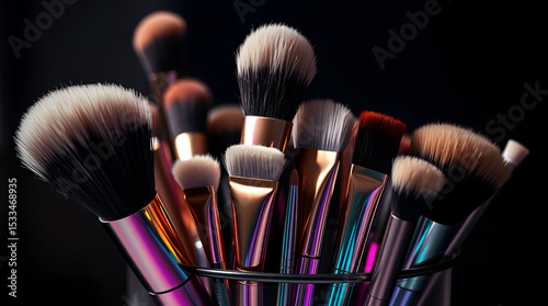 makeup brushes in a holder iridescent colors A cut out beauty product image of a selection of beauty brushes in a metallic vase or container or pot,