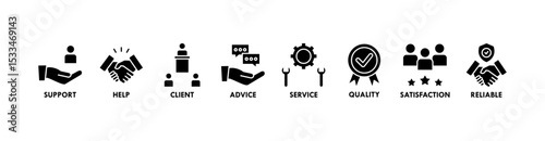 Customer care banner web icon vector illustration concept for customer support and telemarketing service with an icon of help, client, advice, chat, service, reliability, quality, and satisfaction