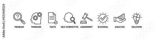 Critical thinking banner web icon vector illustration concept for analysis of facts with an icon of problem, thinking, facts, self corrective, judgement, rational, analysis, and solution