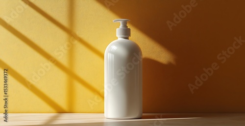 Mockup of white pump bottle on wood with yellow wall and sunlight

 photo