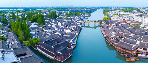 Aerial view of Shanghai Qingpu Zhujiajiao ancient town on sunny day.