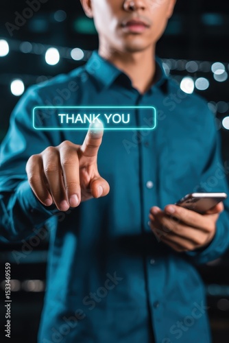 Person pressing a thank you button on a touch screen.