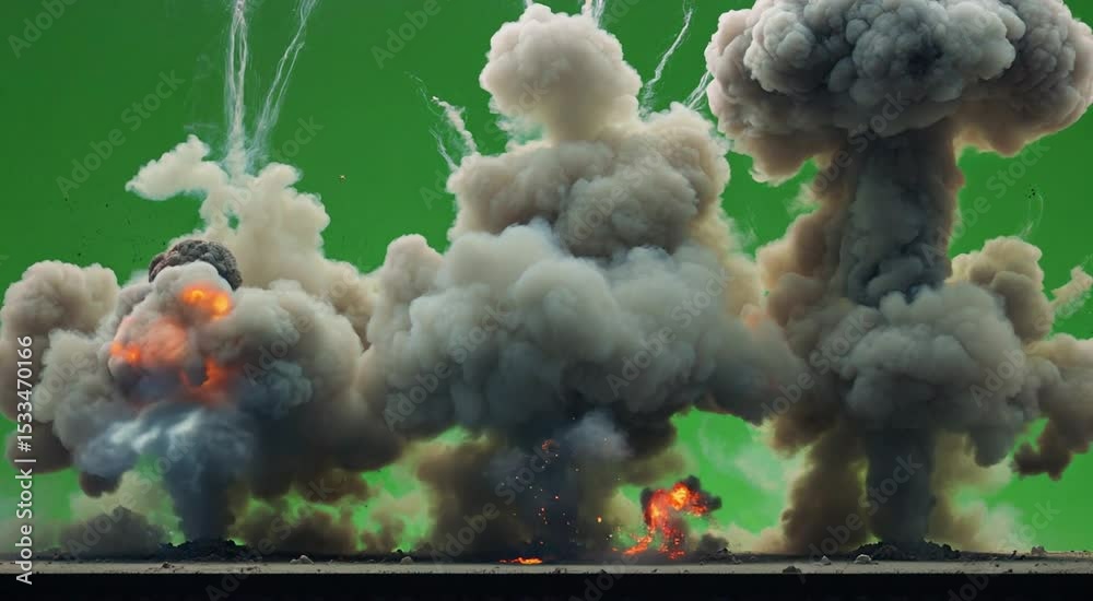 Three massive explosions with intense flames and billowing smoke clouds on a green screen background for visual effects compositing and cinematic scenes