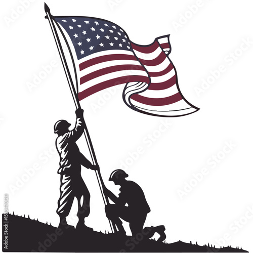 American Soldiers Raising Flag Patriotic Military Silhouette Clipart

