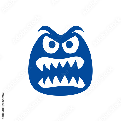 Blue cartoon monster face with sharp teeth, Bold blue graphic of an angry monster face featuring sharp fangs, glaring eyes, and furrowed brows on white background.

