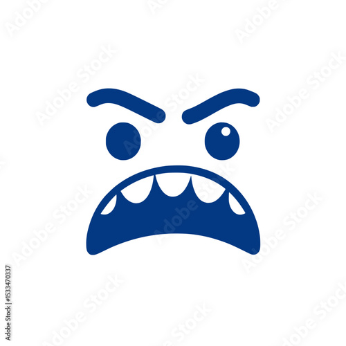 Simple blue angry monster face illustration, Minimal blue cartoon face with fangs and furrowed brows, representing anger, aggression, or a stylized monster expression.

