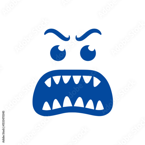 Blue angry monster face icon with sharp teeth, Bold blue cartoon face showing anger with fangs and furrowed brows, symbolizing rage, frustration, or monster emotion.

