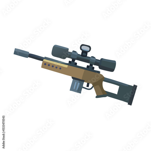 Flat Design Sniper Rifle with Scope Military Weaponry Item Illustration
