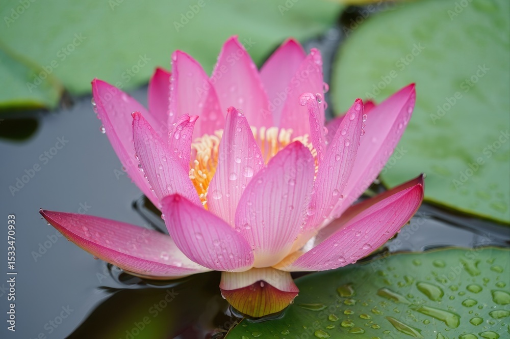 Beautiful Pink Water Lily Blossom with Water Droplets on Petals Beautiful Pink Water Lily Blossom with Water Droplets on Petals