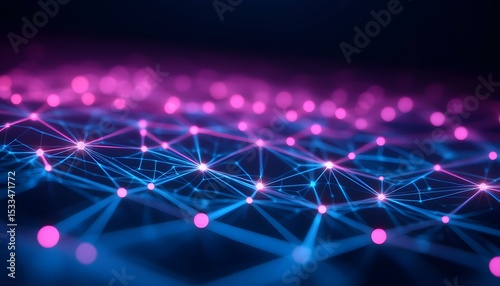 Abstract network graphic with glowing points and lines.