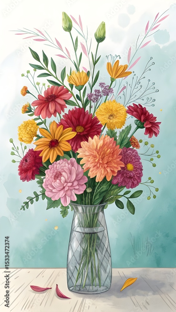 Obraz premium A Burst of Color: Vibrant Floral Arrangement A beautiful and eclectic bouquet in a stylish vase.