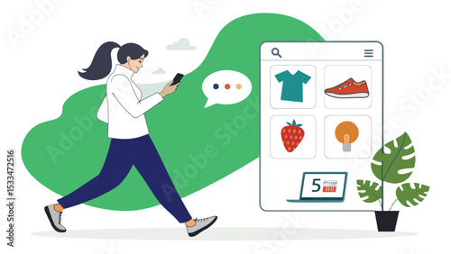 A minimalist illustration featuring a person holding a smartphone in their hand, walking towards the right. The person has long black hair tied in a ponytail and is wearing a white top and dark pants.