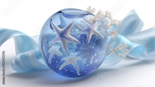 A mesmerizing ocean in miniature captured within a glass orb with starfish and gentle currents of ribbon on a clean