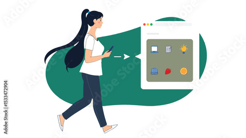 A minimalist illustration featuring a person holding a smartphone in their hand, walking towards the right. The person has long black hair tied in a ponytail and is wearing a white top and dark pants.