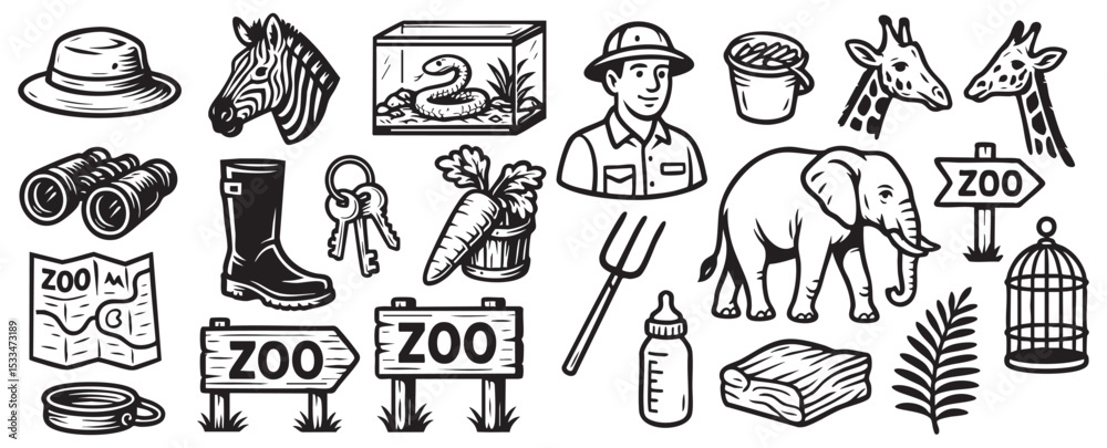 Obraz premium Zoo Keeper Set with Elephant, Giraffe, Hat, Boots, and Animal Feed Black and White Vector Illustration